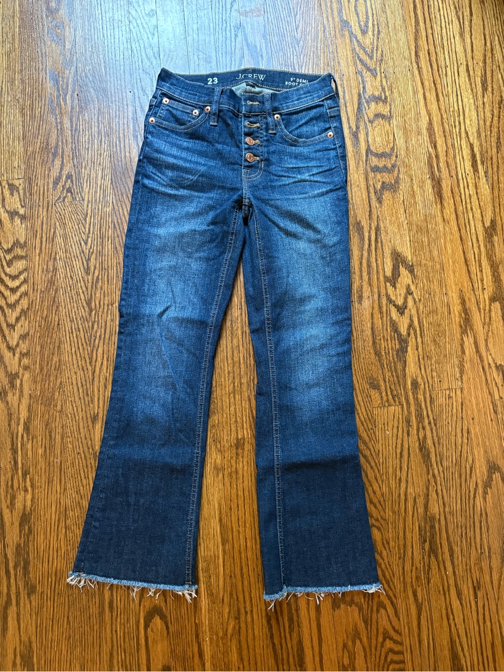J. Crew Dark Blue Flare High Waisted Jeans with Raw Hem
